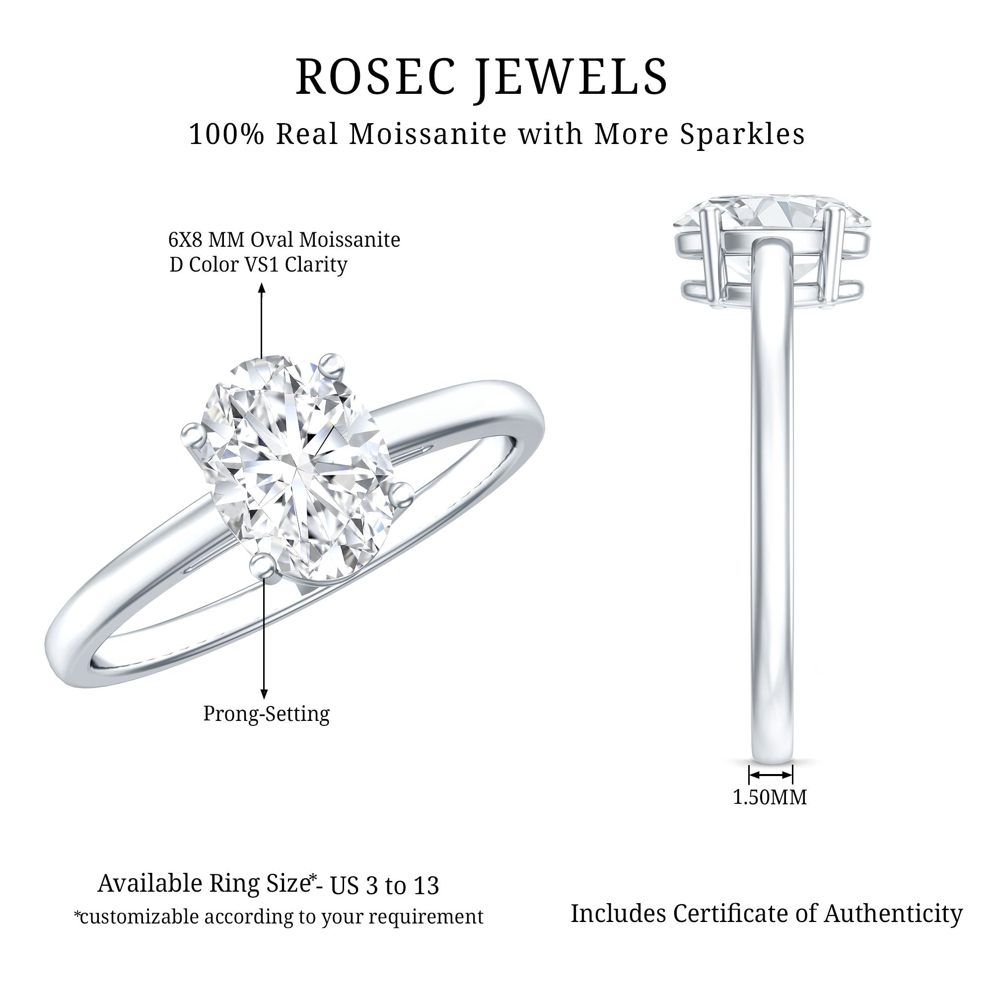 6X8mm Solitaire Moissanite Oval Engagement Ring